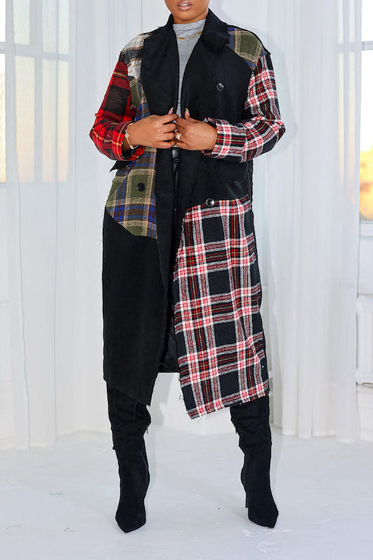 Stilig Lapel Neck Double Breasted Plaid Coat