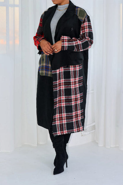 Stilig Lapel Neck Double Breasted Plaid Coat