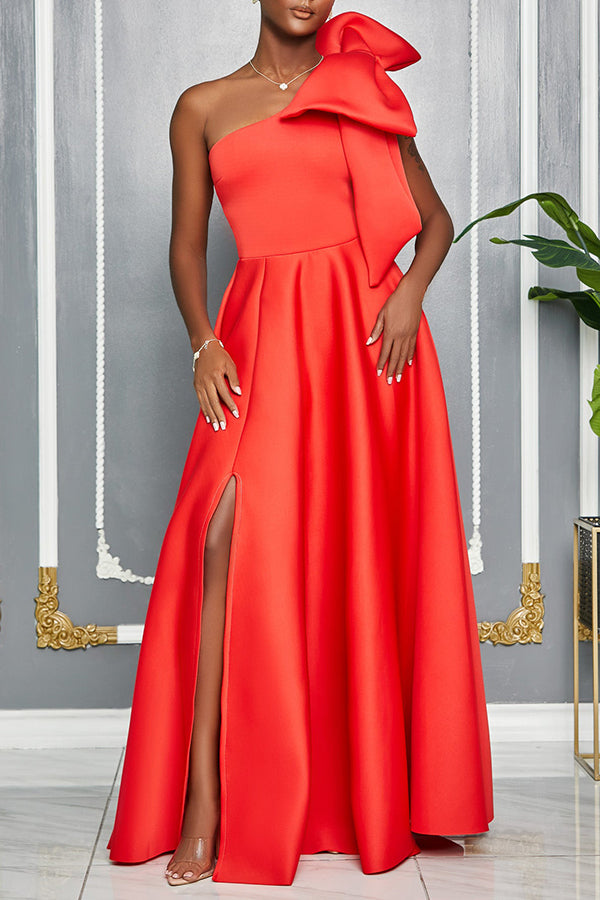 Elegant One Shoulder Bow Tie Slit Evening Gown