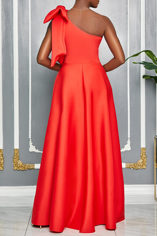 Elegant One Shoulder Bow Tie Slit Evening Gown