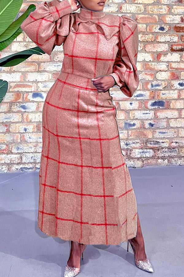 Retro Lantern Sleeve Plaid Dress