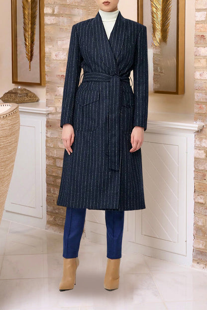 Stylish Striped Waist Cinching Long Sleeve Overcoat