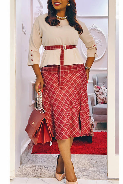 Chic Plaid Belted Blouse & Skirt Set