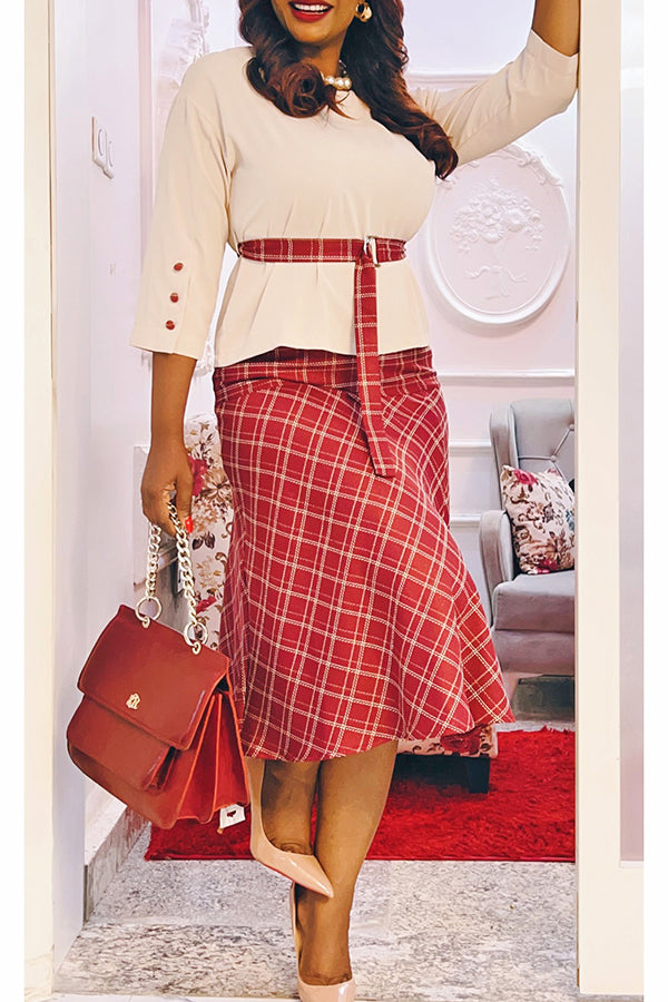 Chic Plaid Belted Blouse & Skirt Set