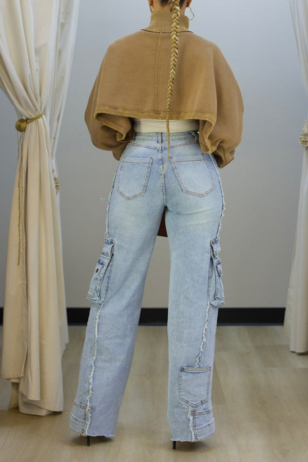 Stylish Double Pocket High Waist Denim Jeans