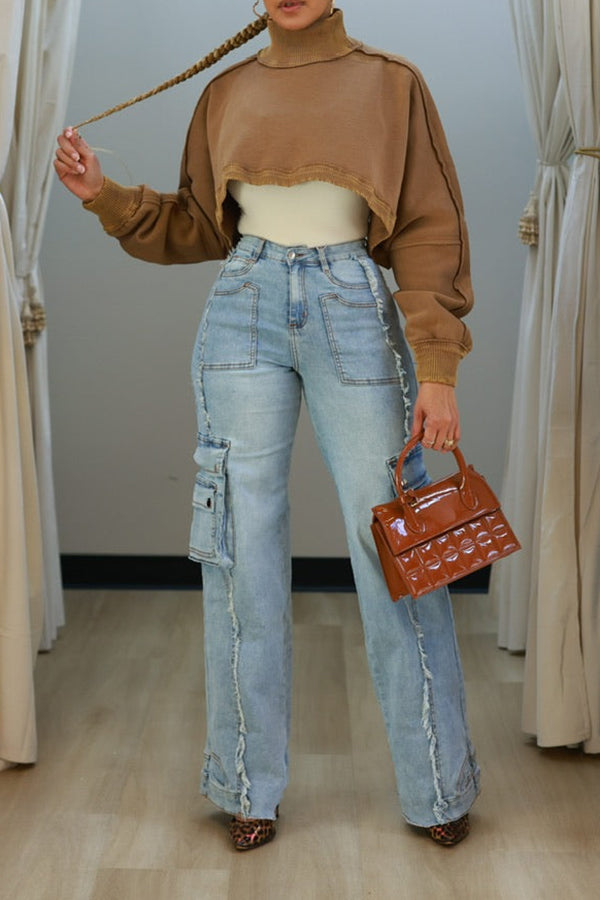 Stylish Double Pocket High Waist Denim Jeans