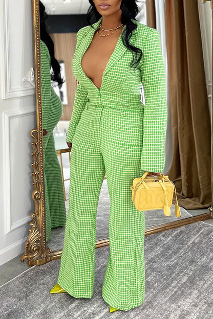 Vibrant Gingham Open Work Long Sleeve Jumpsuit