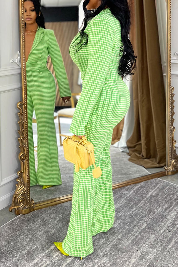 Vibrant Gingham Open Work Long Sleeve Jumpsuit