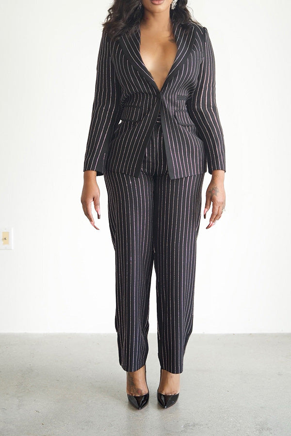 Classic Striped Single Button Blazer & Pants Set