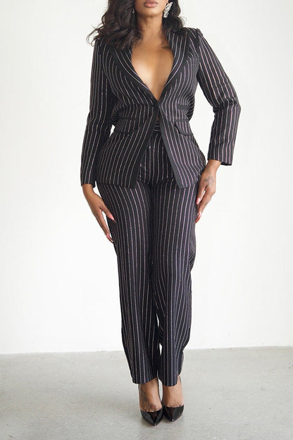 Classic Striped Single Button Blazer & Pants Set