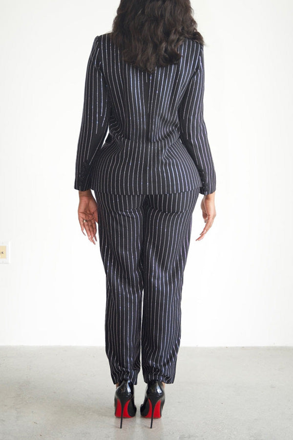 Classic Striped Single Button Blazer & Pants Set