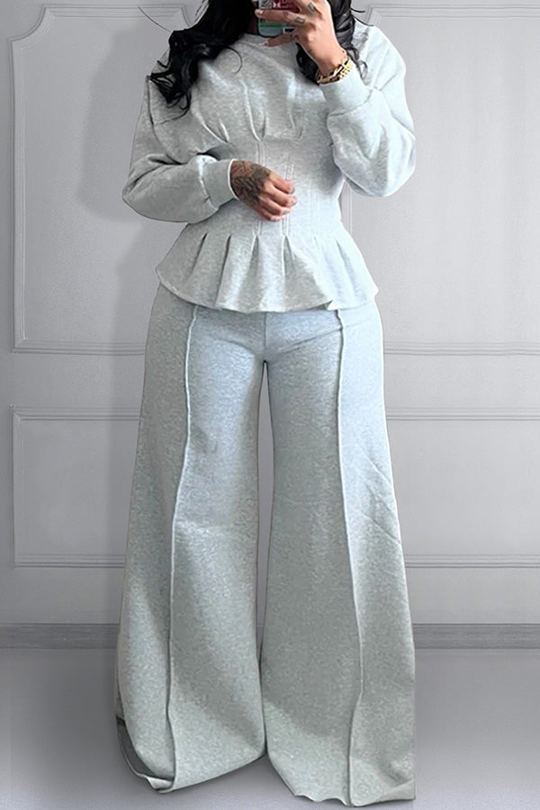 Daily Round Neck Long Sleeve Peplum Two Piece Pant Sets