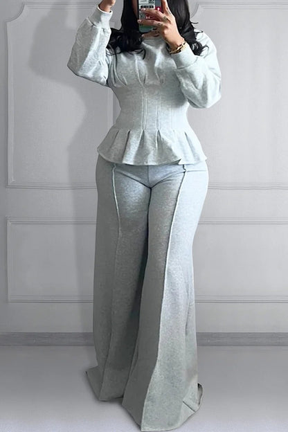 Daily Round Neck Long Sleeve Peplum Two Piece Pant Sets