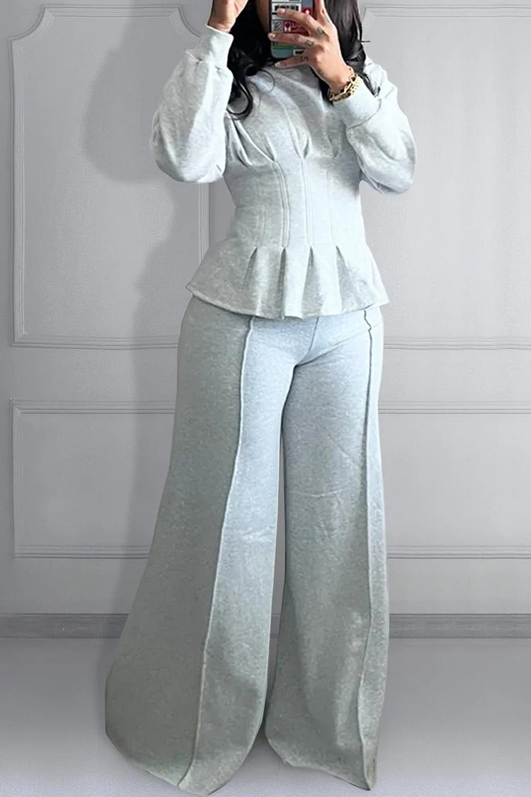 Daily Round Neck Long Sleeve Peplum Two Piece Pant Sets