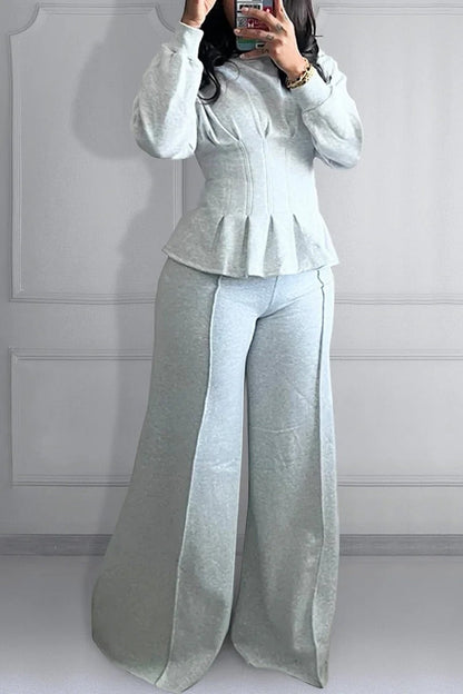 Daily Round Neck Long Sleeve Peplum Two Piece Pant Sets