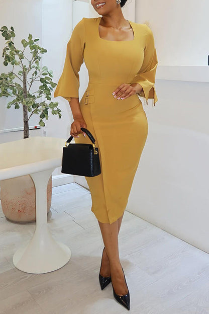 Elegant Solid Square Neck Midi Dress