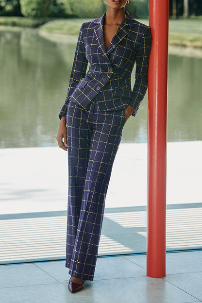 Stylish Asymmetric Wrap Design Plaid Blazer & Pants Set