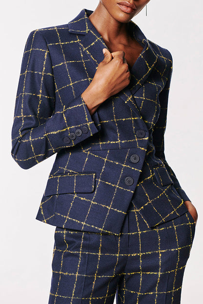 Stylish Asymmetric Wrap Design Plaid Blazer & Pants Set