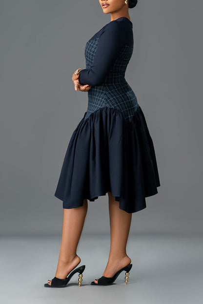 Elegant Plaid Ruffle Hem Midi Dress