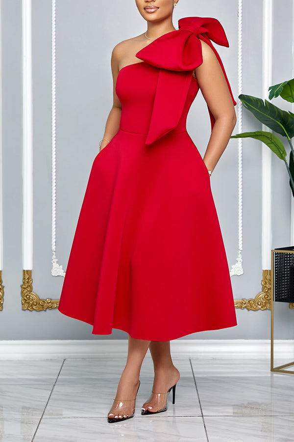 Elegant One-Shoulder Maxi Dress with Oversized Bow Decoration