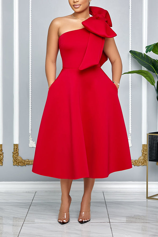 Elegant One-Shoulder Maxi Dress with Oversized Bow Decoration