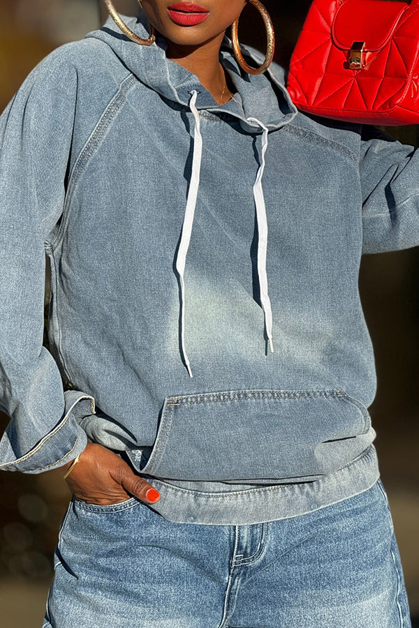 Casual Fashionable Front Pocket Drawstring Denim Hoodie