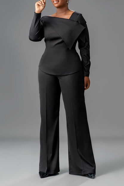 Sexy Single Shoulder Folded Collar Top & Flared Pants Set