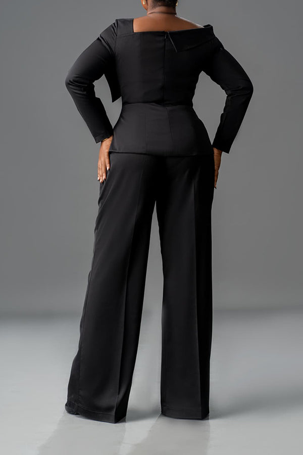 Sexy Single Shoulder Folded Collar Top & Flared Pants Set