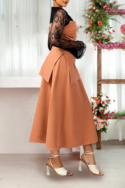 Elegant Patchwork-Inspired Waist-Cinching Layered Pleated Long Skirt