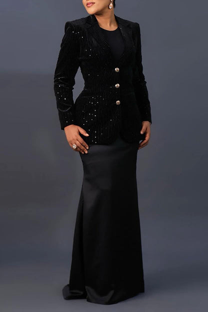 Luxurious Rhinestone Waist-Cinching Mid-Length Blazer