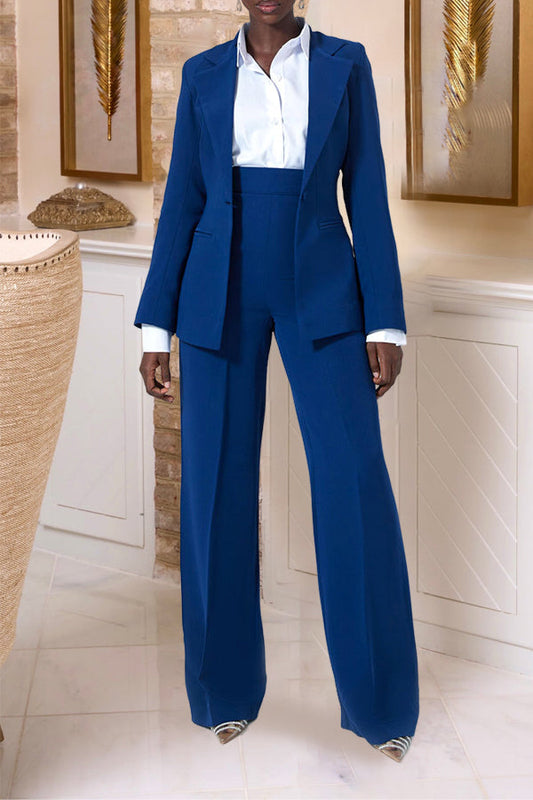 Simple Slim Fit Blazer Jacket & High-waist Wide-leg Pants Set