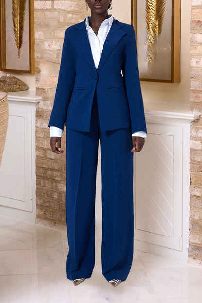 Simple Slim Fit Blazer Jacket & High-waist Wide-leg Pants Set