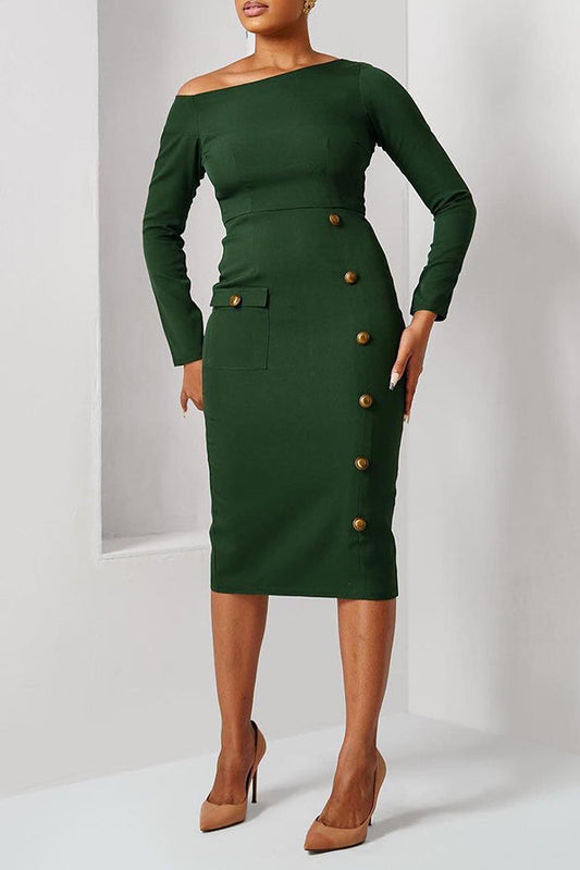 Elegant Zip Back Oblique Neck Midi Dress