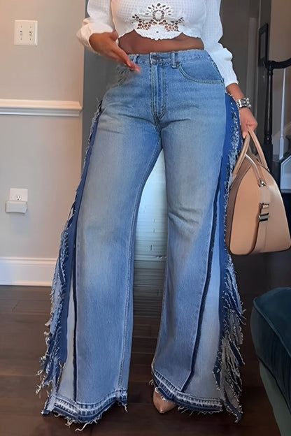 Stylish Bleach Wash Fringe Trim Jeans