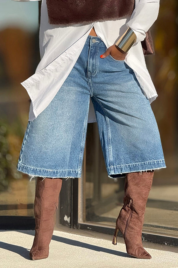 Washed Raw Edge Wide-leg Denim Shorts