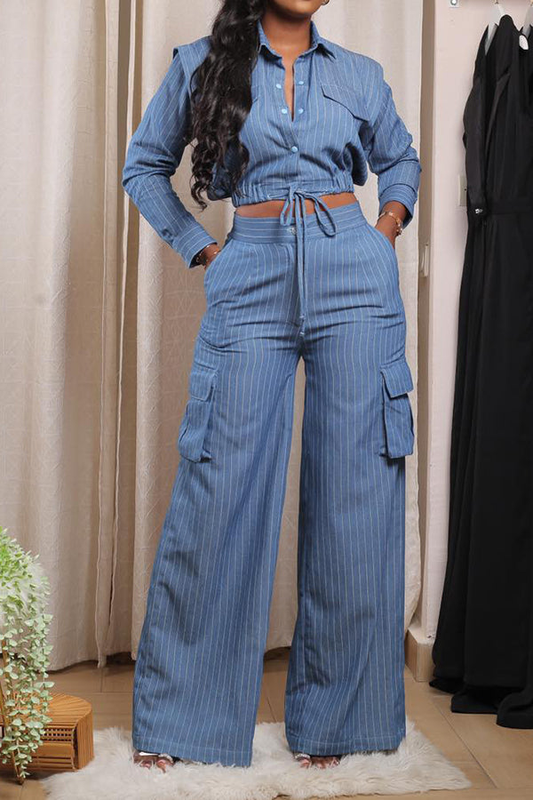 Fashion Stripe Short Top & High Waist Pants Set