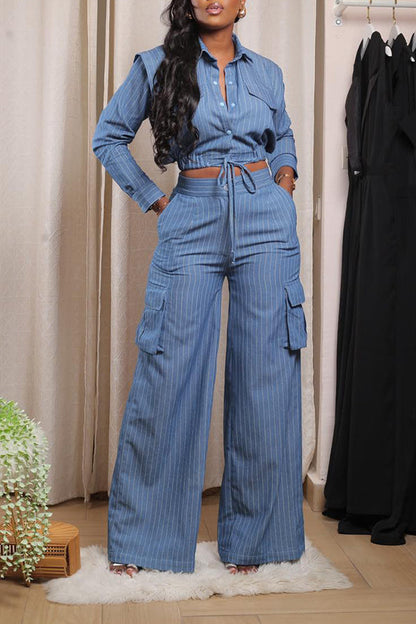 Fashion Stripe Short Top & High Waist Pants Set