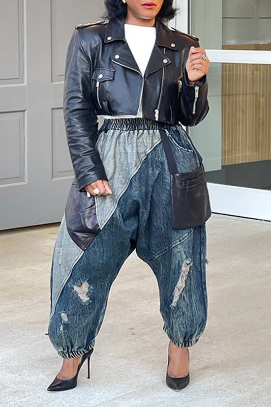 Casual Denim And Vegan Leather Pants