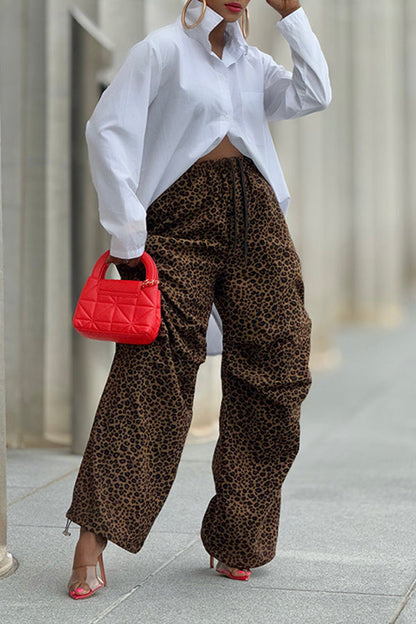 Casual Leopard Print Belted Loose Trousers