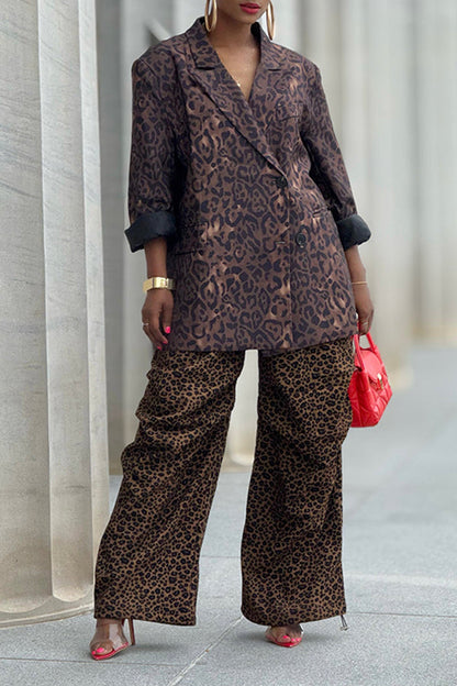 Casual Leopard Print Belted Loose Trousers