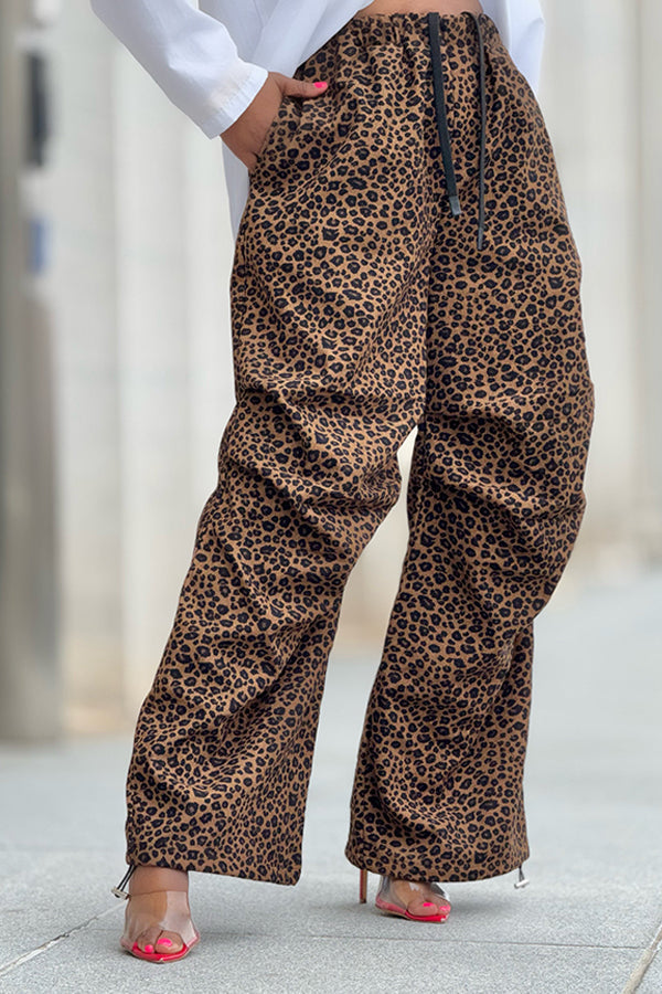 Casual Leopard Print Belted Loose Trousers