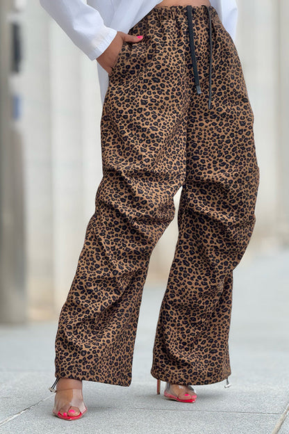 Casual Leopard Print Belted Loose Trousers