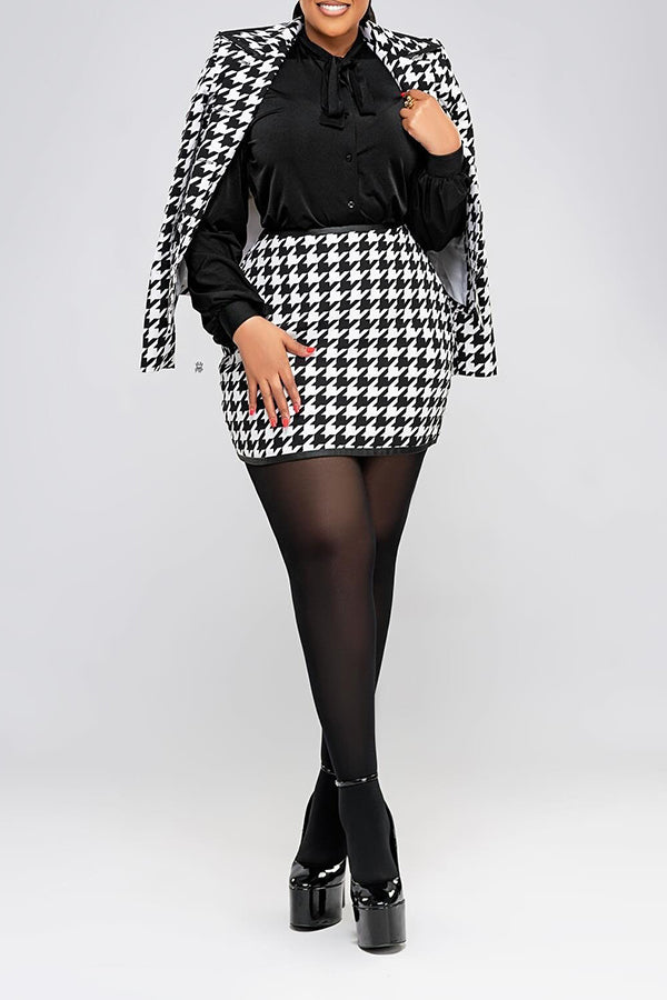 Chic Houndstooth Blazer & Skirt Set