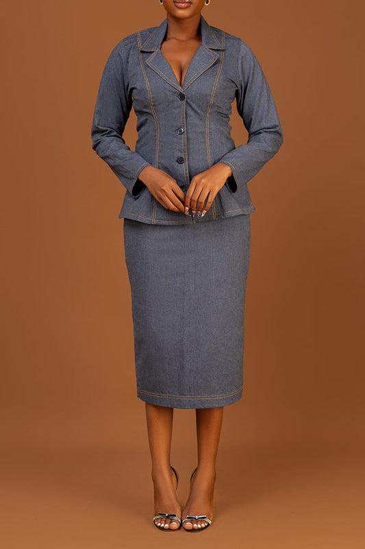 Chic Lapel Neck Denim Top & Skirt Set