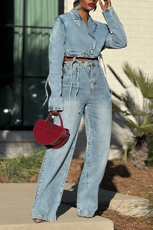 Short Denim Straps Blazer & Jeans Set