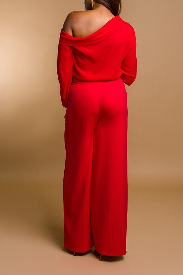 Stylish Oblique Shoulder Top & Tailored Pants Set