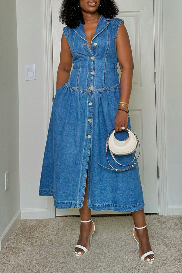 Stylish Lapel Breasted Denim A-line Dress Blue