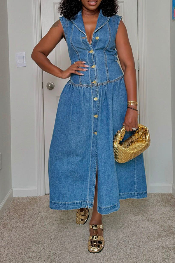 Stylish Lapel Breasted Denim A-line Dress