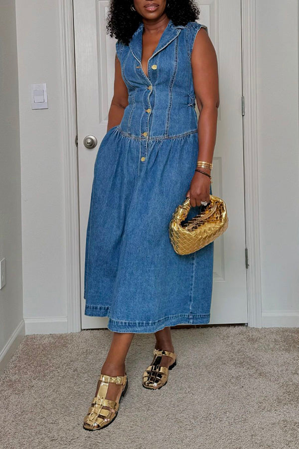 Stylish Lapel Breasted Denim A-line Dress