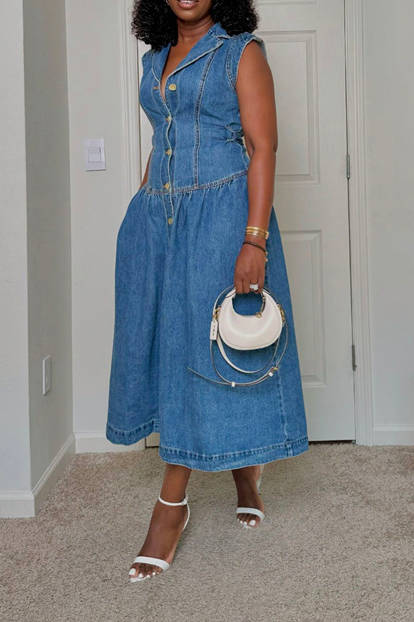 Stylish Lapel Breasted Denim A-line Dress